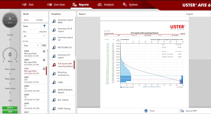 Screenshot of Uster AFIS 6 R Recycling Module measurement showing summary of length (n) histogram and distribution curve.<br />
 © 2026 USTER