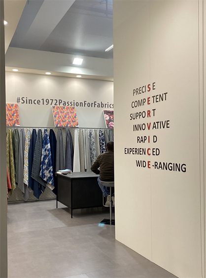 One of Dino Zoli's latest textile collections showcased at the company's booth at Heimtextil 2023 in Frankfurt © 2023 Mimaki